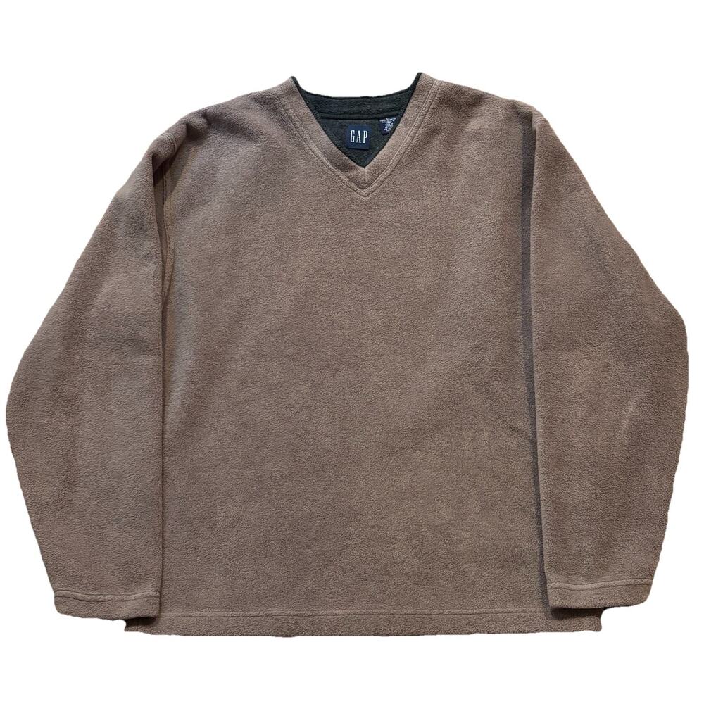 Vintage 90s Gap Heavyweight Fleece Pullover V-Neck Taupe Brown Large Korea